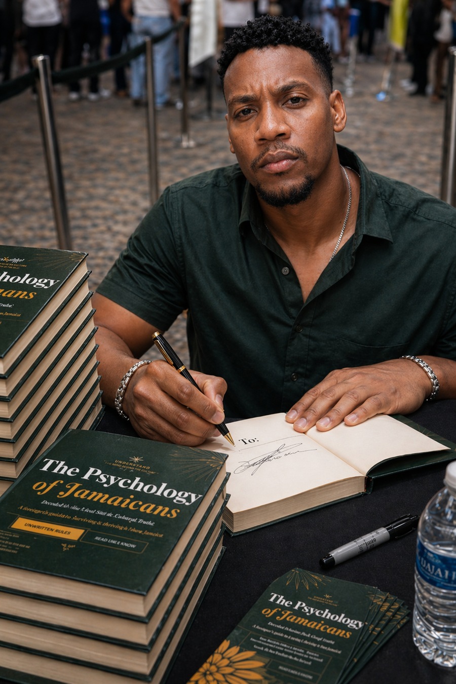 Kyle Hector signing copies of The Psychology of Jamaicans at a book table.
