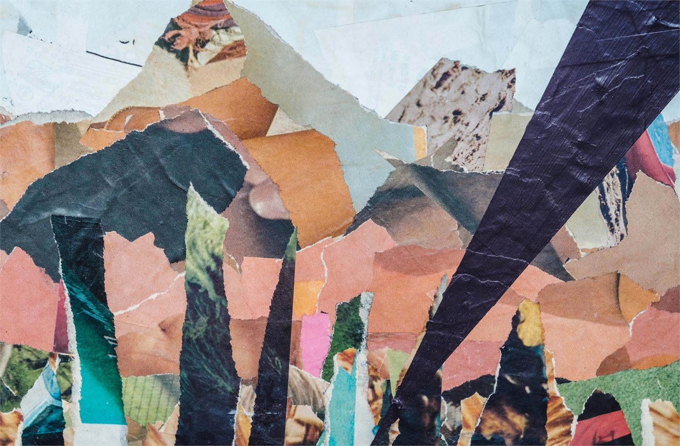 A torn paper collage with layered shapes and textures that suggest the many pressures and contradictions the book explores.